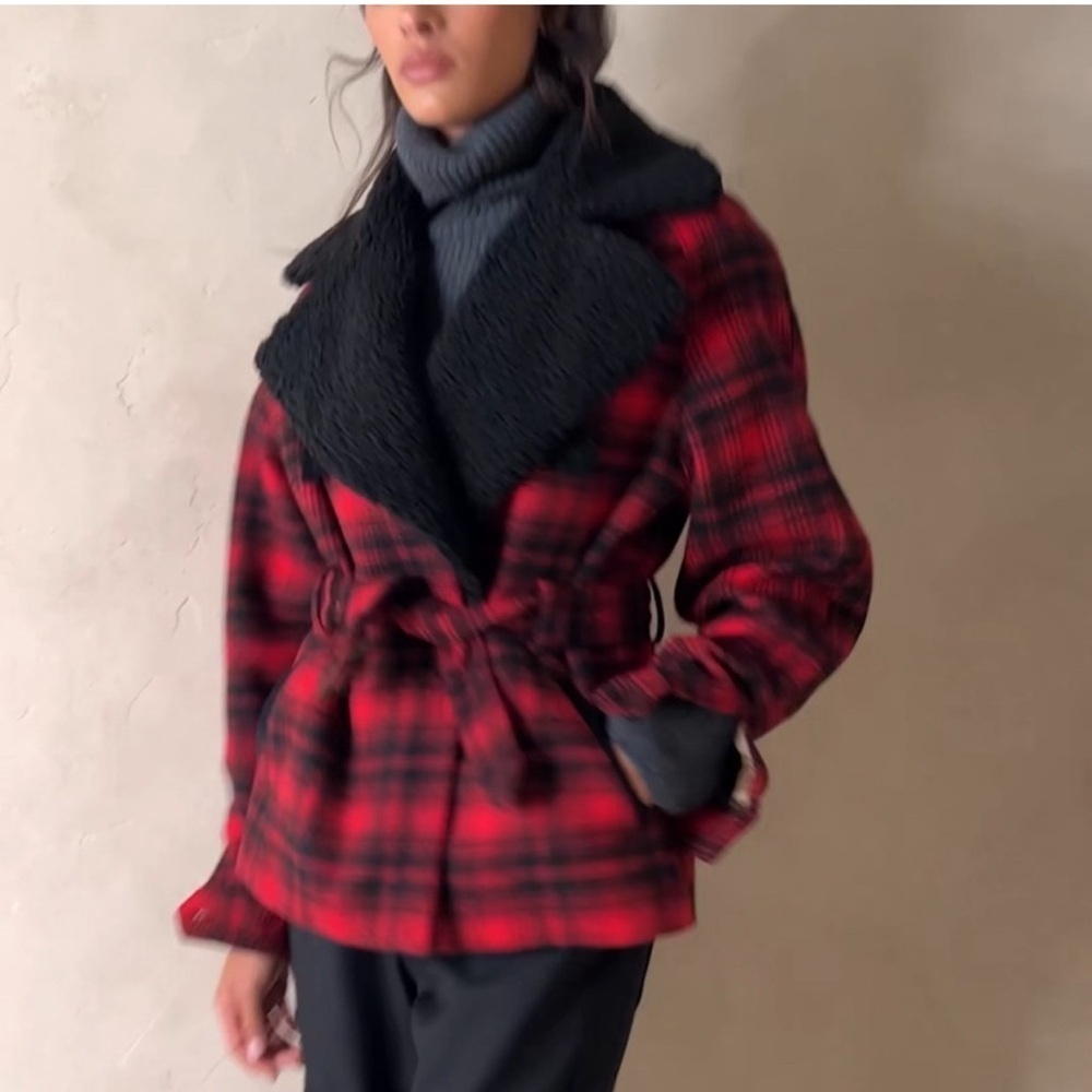 Banana Republic Red and Black Plaid Teddy Jacket.